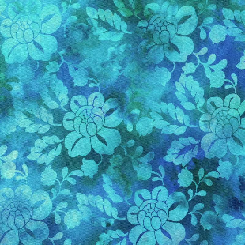 subtly variegated aqua blue fabric with mottled floral silhouettes all over