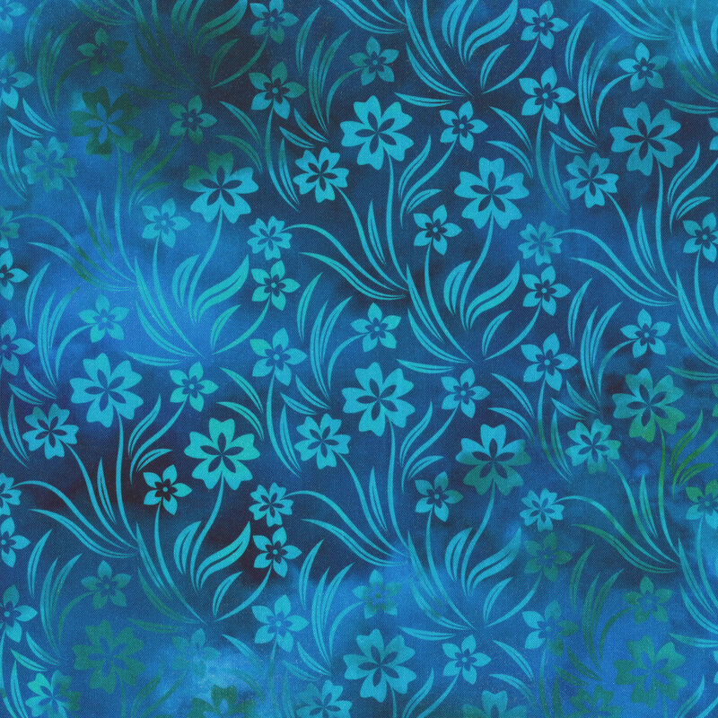 subtly variegated aqua blue fabric with mottled floral silhouettes all over