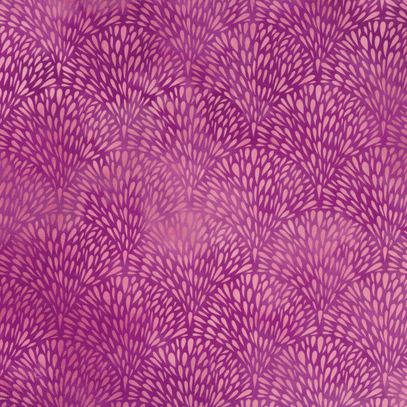 variegated light purple fabric with fans made up of small tapered shapes all over