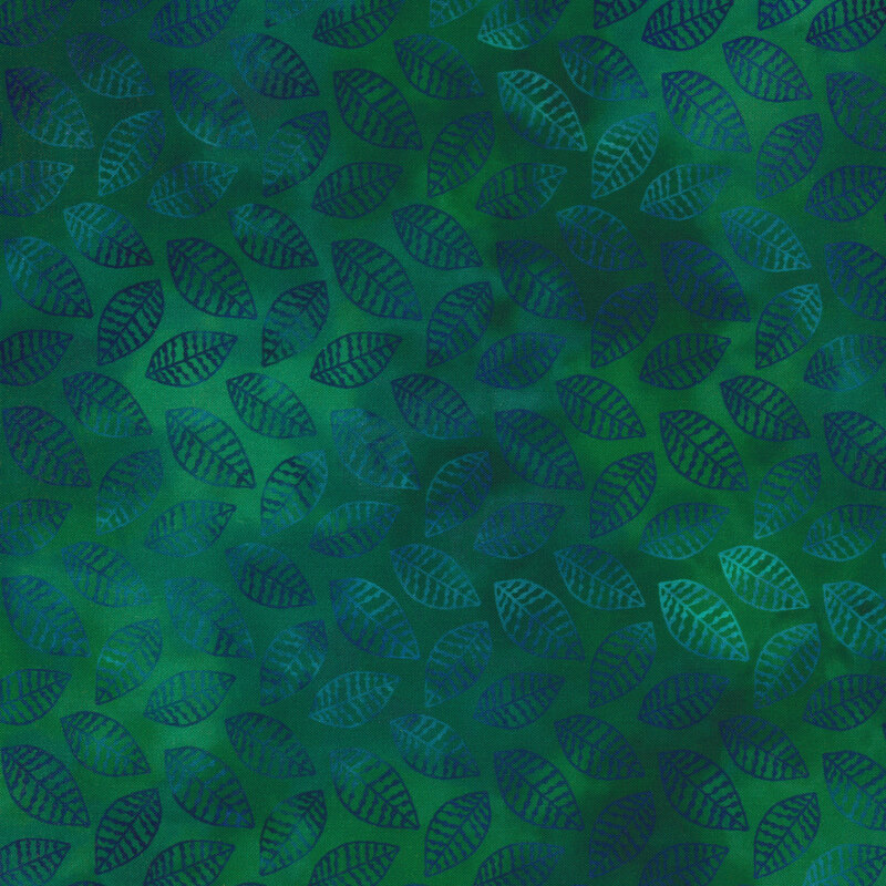 Variegated green fabric with variegated blue leaves all over