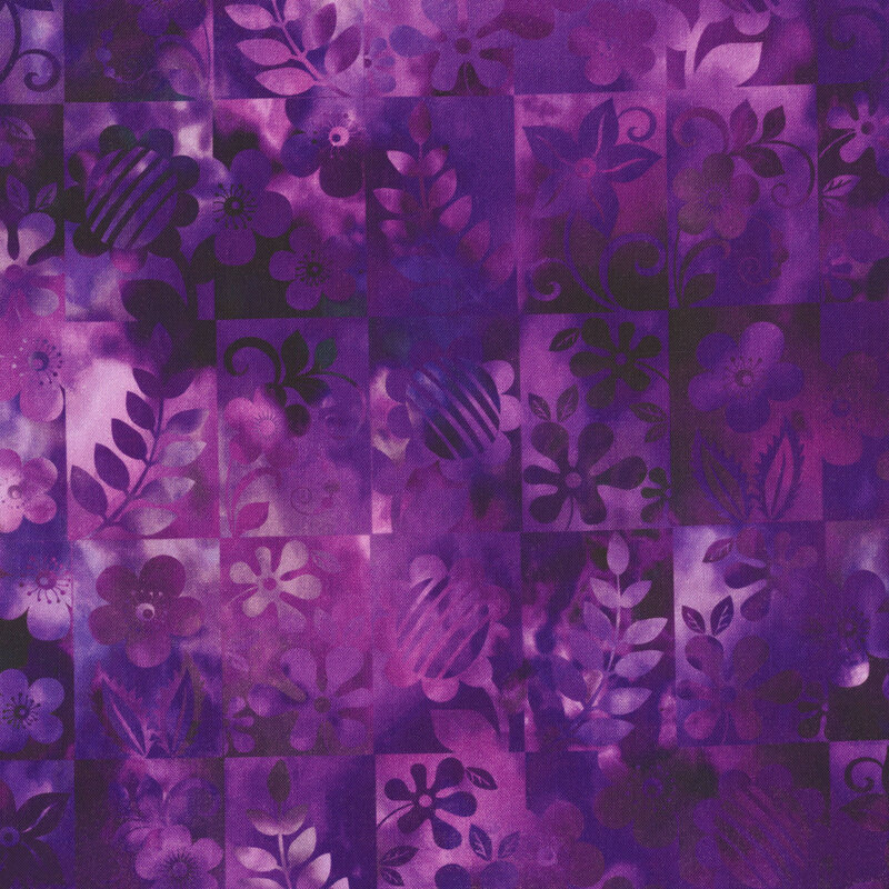 Variegated purple fabric featuring a checkerboard pattern with stylized flowers inside each box