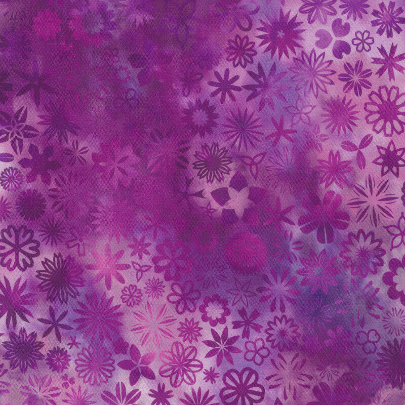 variegated purple fabric with scattered varying stylized flowers