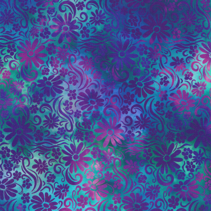 mottled teal fabric with mottled purple flowers and swirls all over