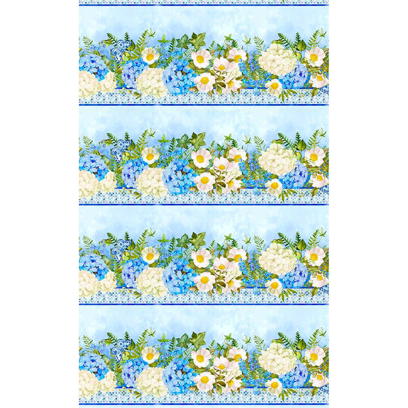 full image of fabric with a floral border repeat in creams and blues with green leaves and a light blue background