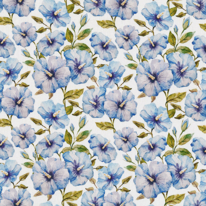 Fabric with rows of intermingling blue hibiscus flowers and green leaves