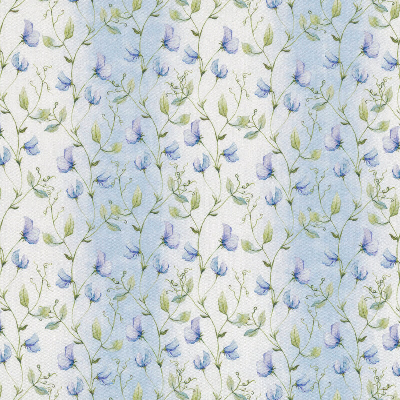 Fabric with green weaving vines running vertically and blue flowers on a background that features soft blue and white stripes