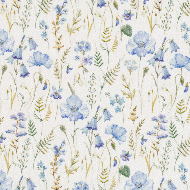 Fabric with vertical blue flowers and green ferns with long stems close together on a white background
