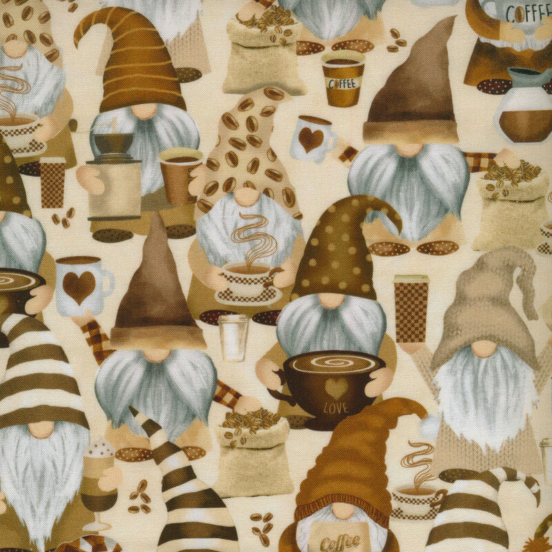 Scan of light cream fabric with adorable gnomes enjoying coffee and wearing coffee themed clothing