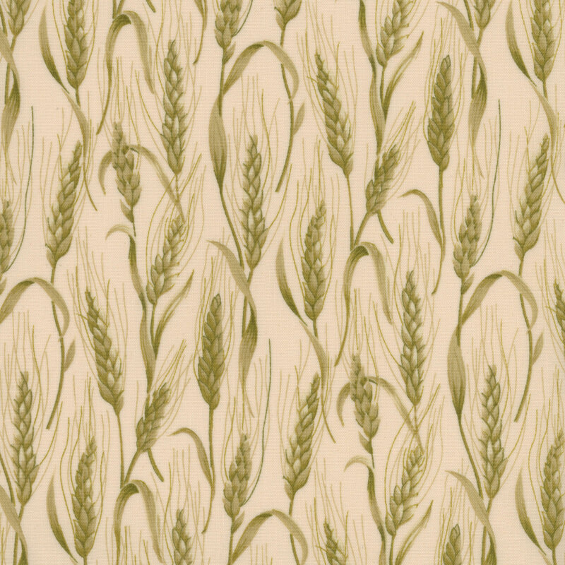 Scan of fabric featuring light green wheat stalks on a cream background
