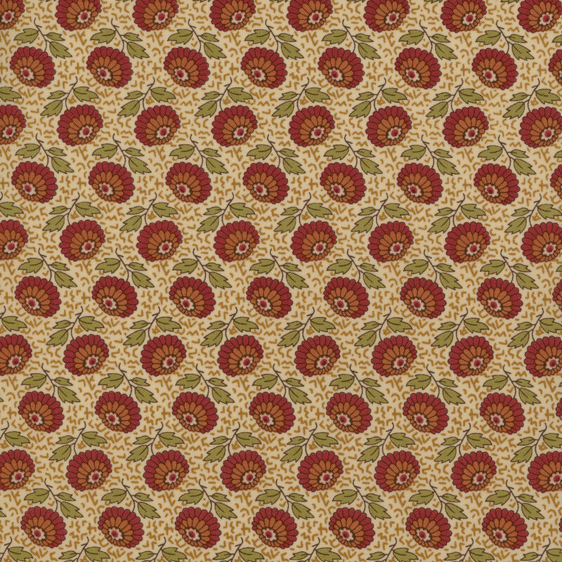 Scan of fabric featuring abstract red and orange sunflowers on a cream geometric pattern