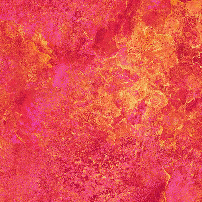 A bright pink mottled fabric with areas of orange and yellow marbling