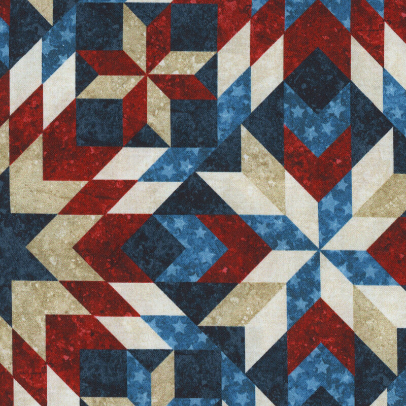 fabric with red, white, and blue geometric designs