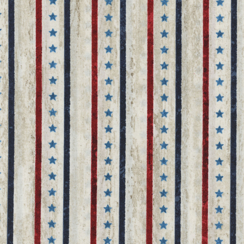 An off white distressed fabric with red and blue stripes with stars in between