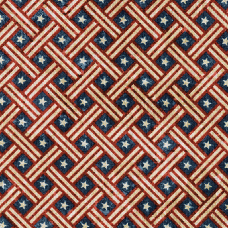 A geometric fabric with woven red and white stripes over a navy blue background with small white stars