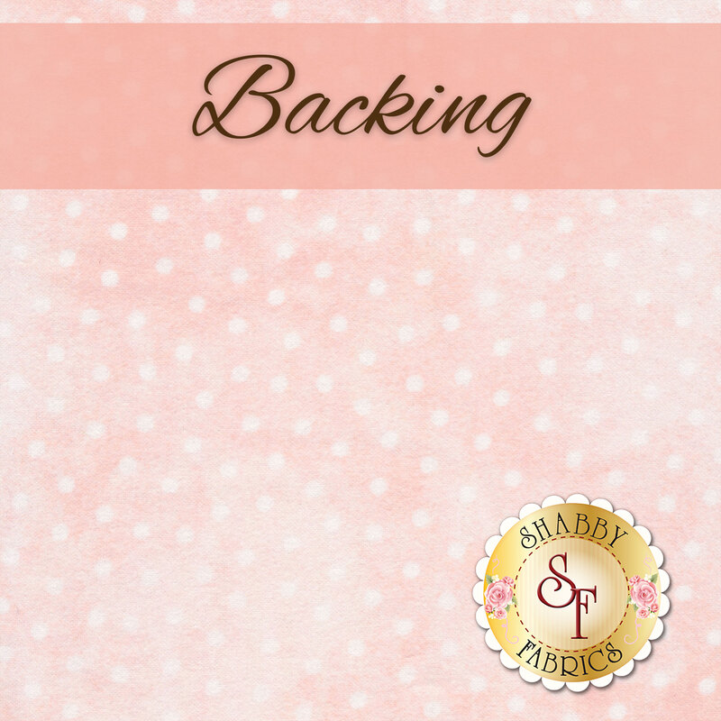 A swatch of mottled pink flannel fabric with white polka dots. A salmon pink banner at the top reads 