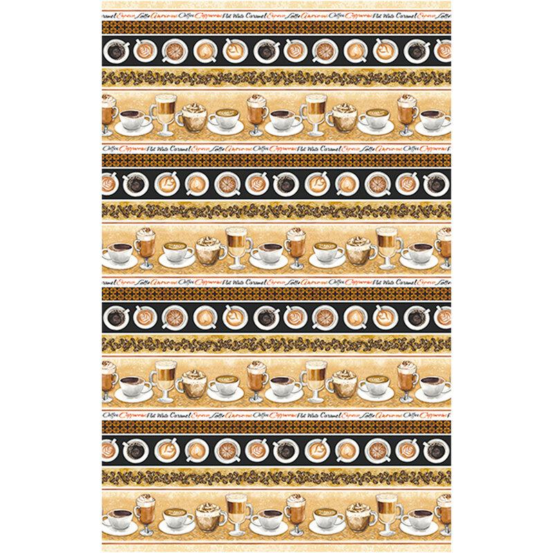 A black and cream border stripe fabric with rows of coffee mugs, cappucinos, and top down coffee art