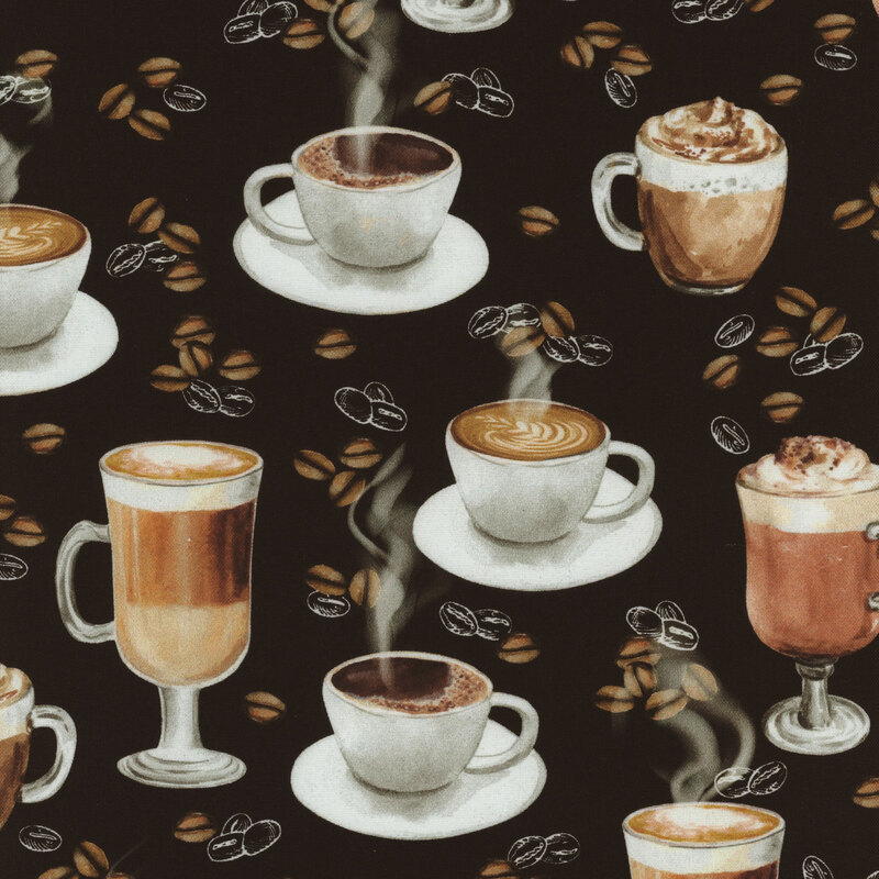Fabric with cups of coffee, cappuccinos, and scattered coffee beans against a solid black background