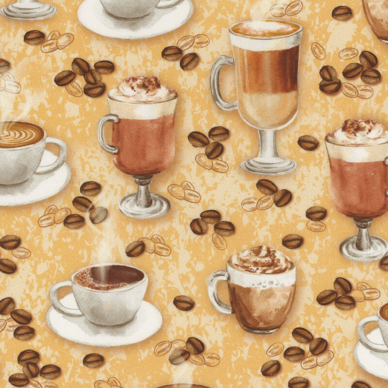 Fabric with cups of coffee, cappuccinos, and scattered coffee beans against a mottled cream background