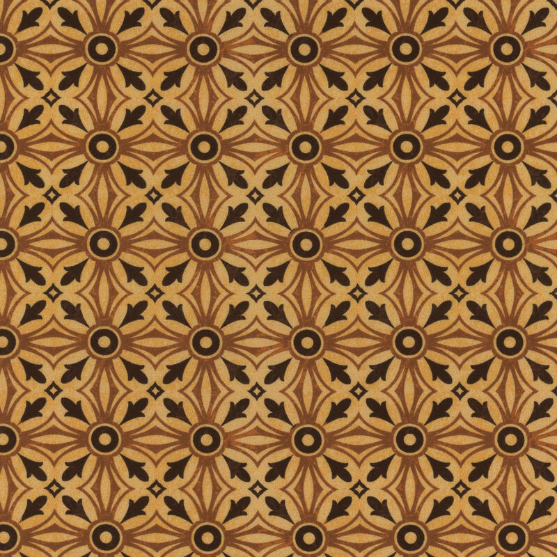 Black and tan fabric with a repeating medallion pattern