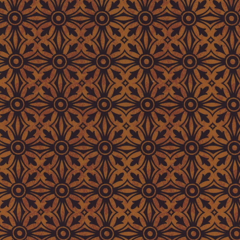 Brown and black fabric with a repeating medallion pattern