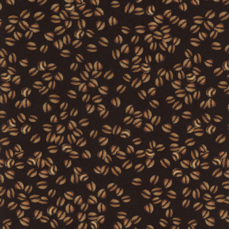 Solid black fabric with scattered coffee beans all over