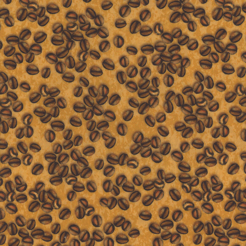 Distressed tan fabric with scattered coffee beans all over
