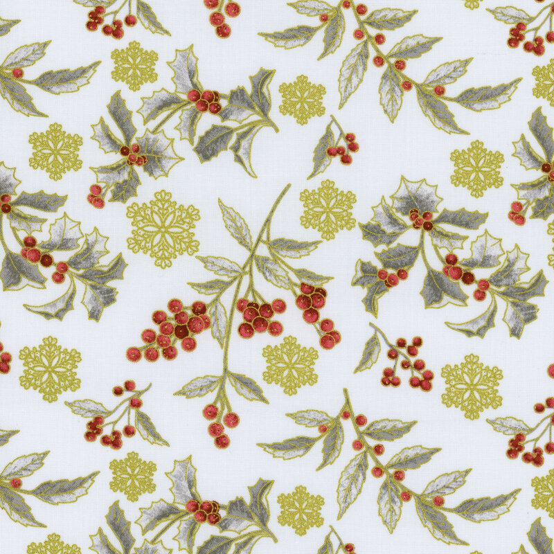 White fabric with grey and red holly plants and golden snowflakes strewn across them