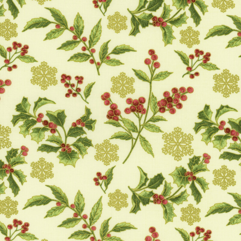 Light green fabric with tossed holly leaves and berries with gold metallic snowflakes