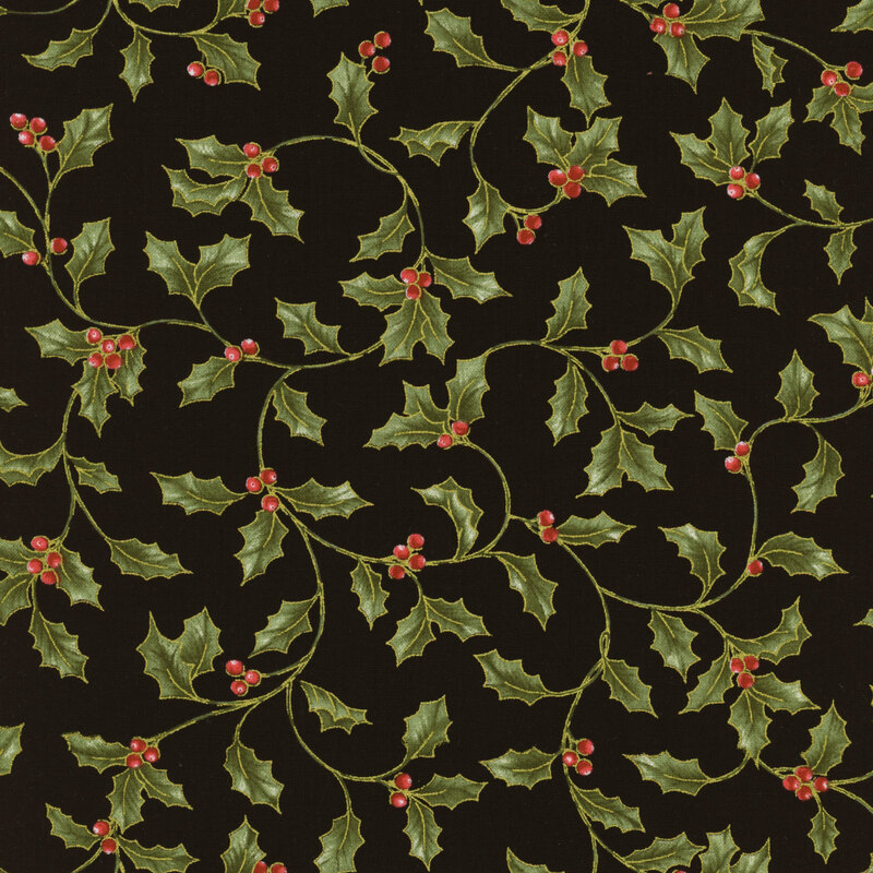 Christmas fabric featuring vines of holly leaves and berries against a black background