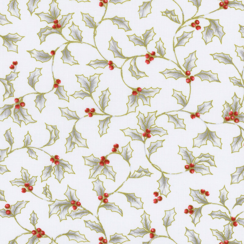 Christmas fabric featuring gray vines of holly leaves and red berries against a white background