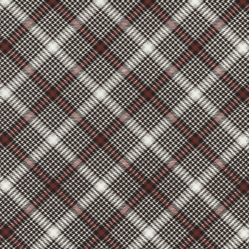 White and black plaid fabric with red accents