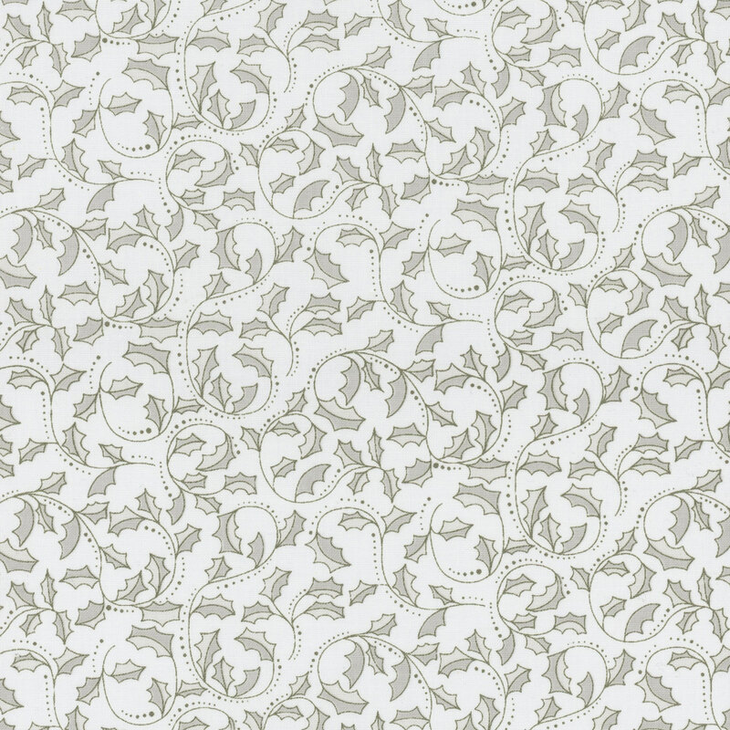 Light gray fabric with dark gray holly leaves and vines all over