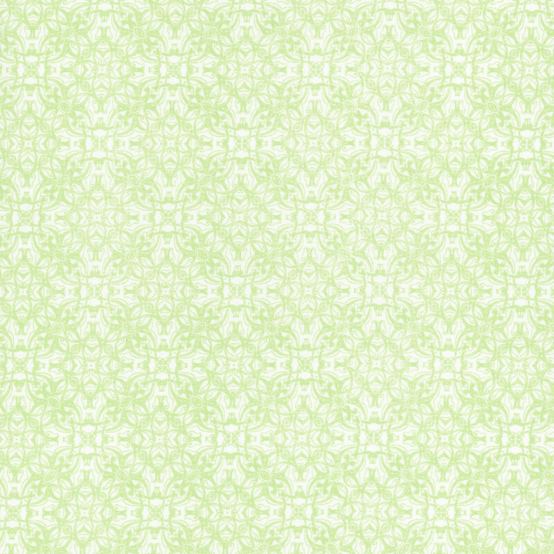 White fabric with a very light green tiled ornamental design