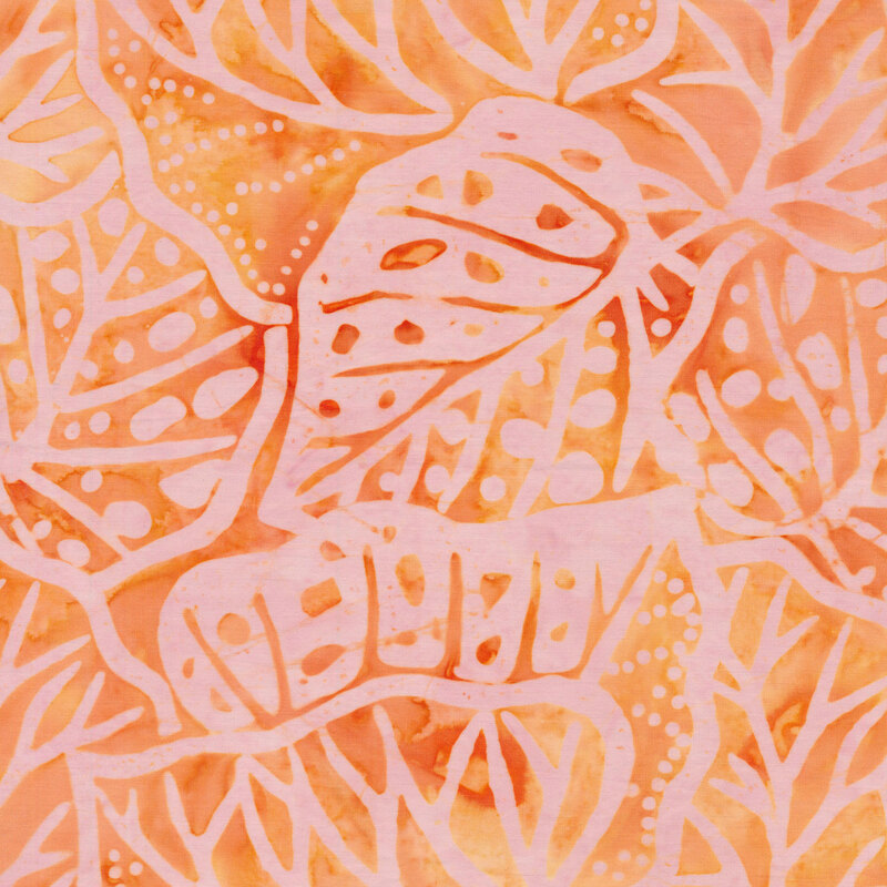 light pink monstera leaves on a marbled orange background. 