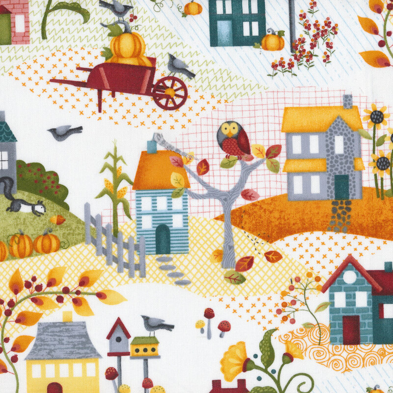 Fabric with colorful scenes of summer including homes with picket fences, scarecrows, blooming flowers, and pumpkins