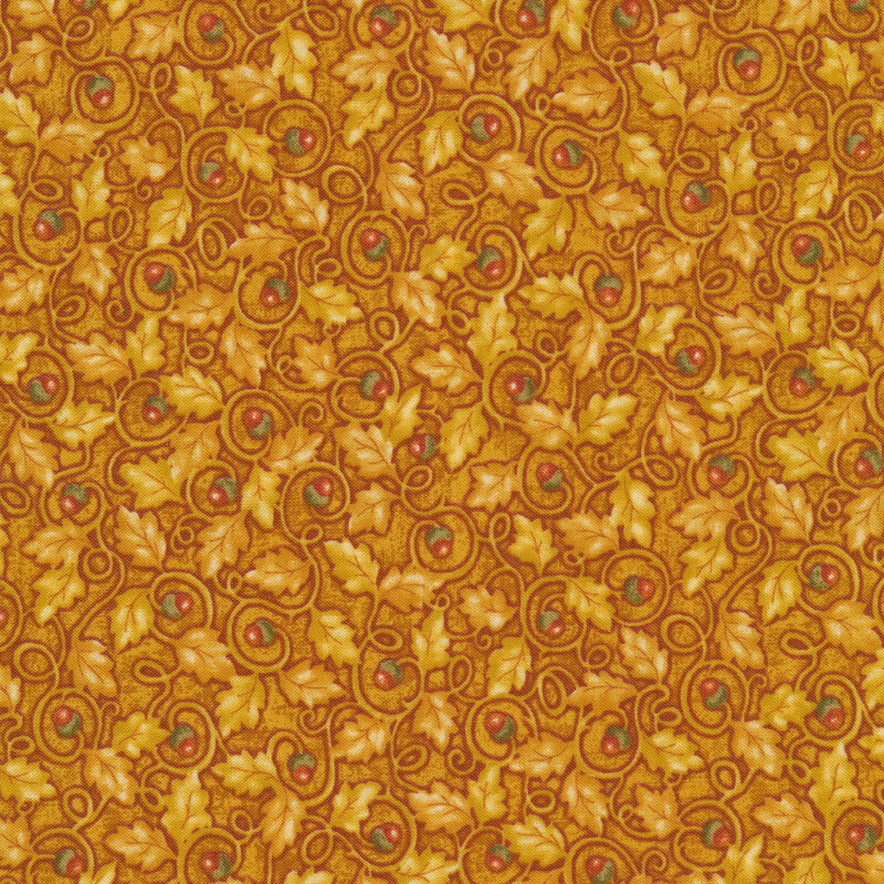 Orange fabric with tonal swirling vines and autumn leaves and small red acorns