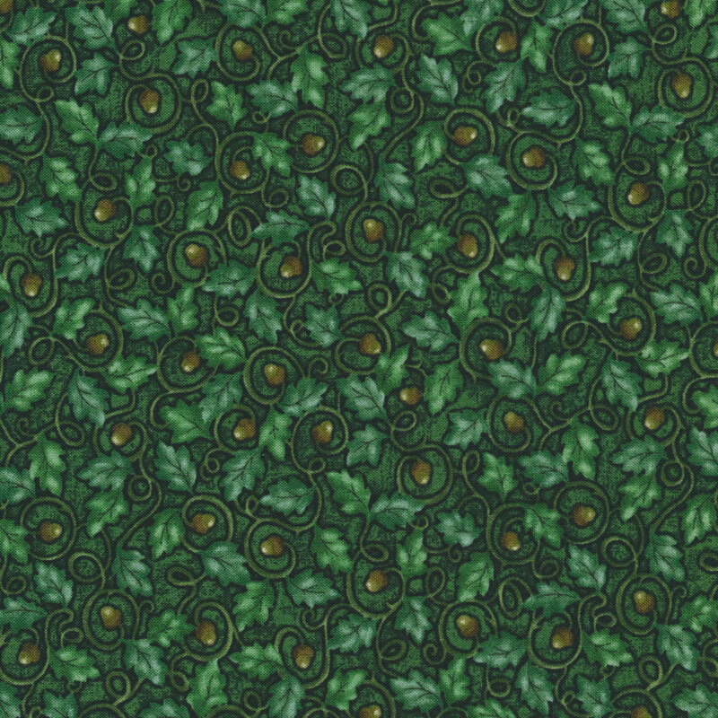 Forest green fabric with tonal swirling vines and autumn leaves and small brown acorns