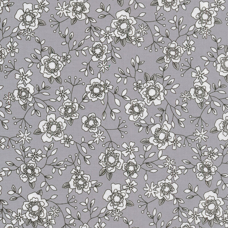 Gray fabric with black and white flowers all over