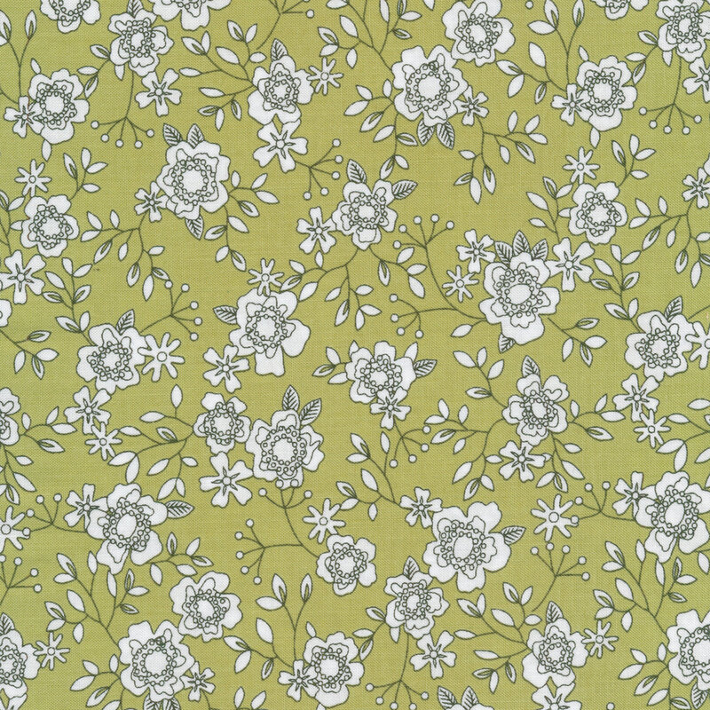 Light green fabric with small black and white white flowers all over