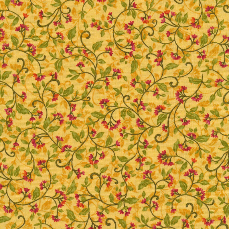 Yellow fabric with small green leaves and vines with small red flowers