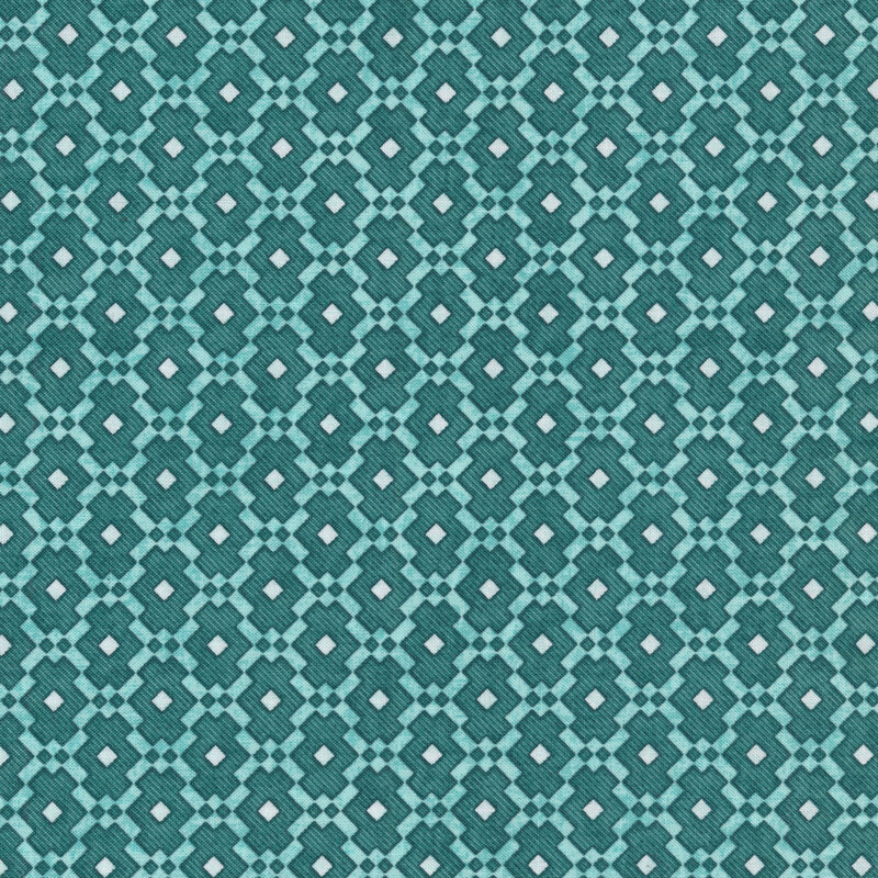 Teal fabric with a geometric tiled pattern and small white squares