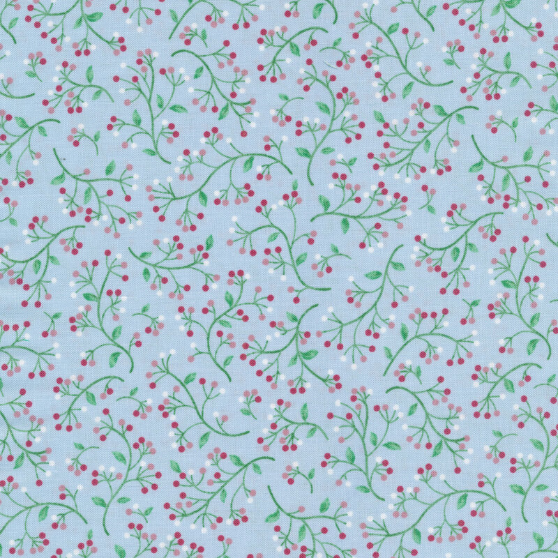 Light blue fabric with small green wavy vines and circular red, pink, and white flower buds