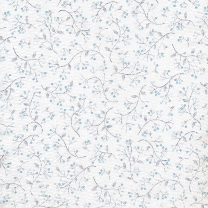 White fabric with small gray wavy vines and circular blue and teal flower buds
