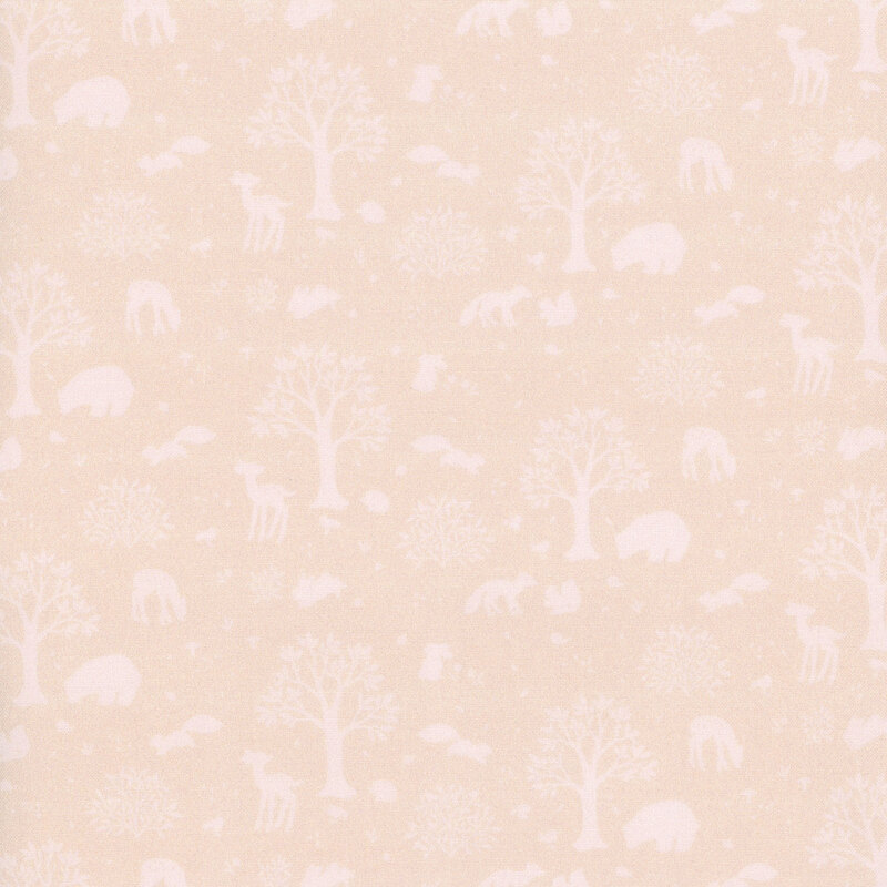 pale pink fabric with white silhouettes of trees and forest animals