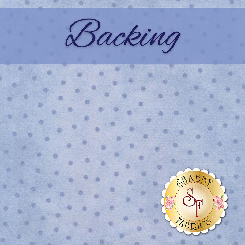 A swatch of mottled periwinkle flannel fabric with tonal polka dots. A periwinkle banner at the top reads 
