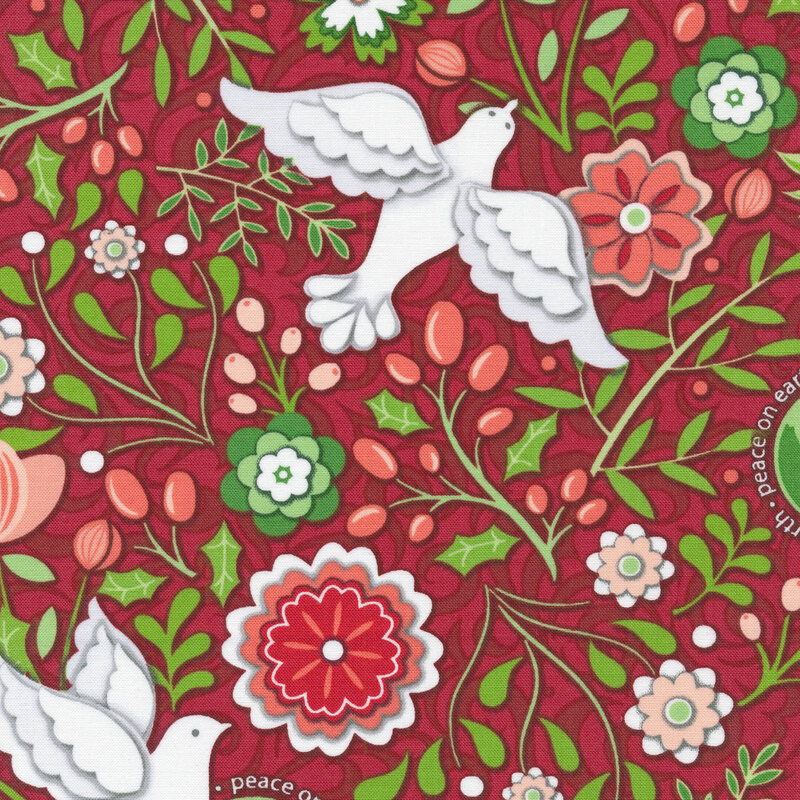 Bright red Christmas fabric with doves, holly and berries, flowers, and green globes with the words 