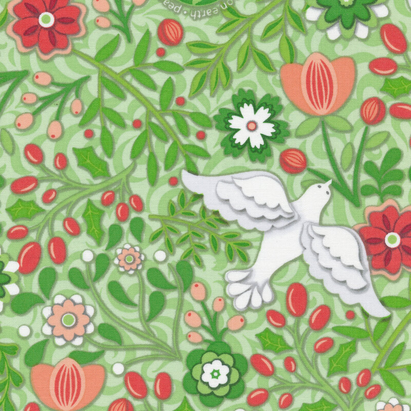 Light green Christmas fabric with doves, holly and berries, flowers, and green globes with the words 
