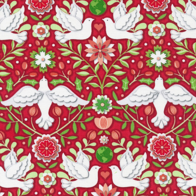 Red Christmas fabric with doves, holly and berries, flowers, and green globes on a red background