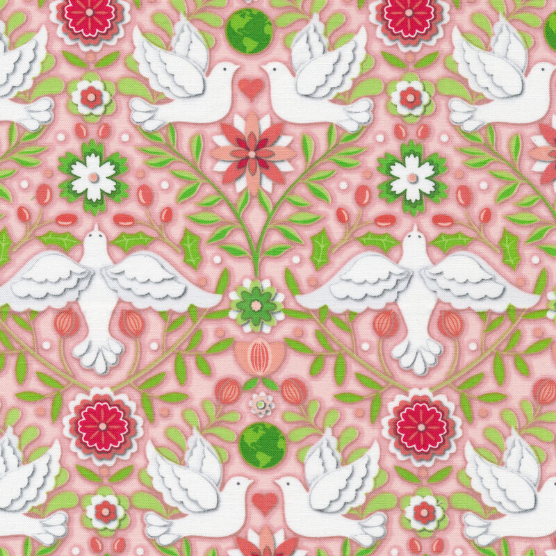 Pink Christmas fabric with doves, holly and berries, flowers, and green globes on a red background