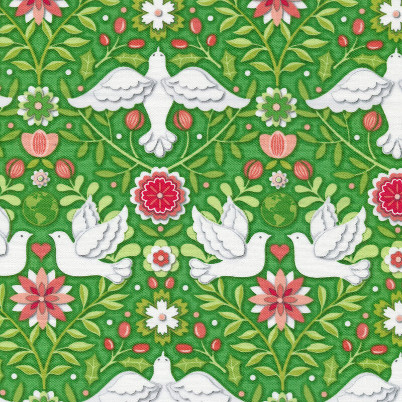 Green Christmas fabric with doves, holly and berries, flowers, and green globes on a red background